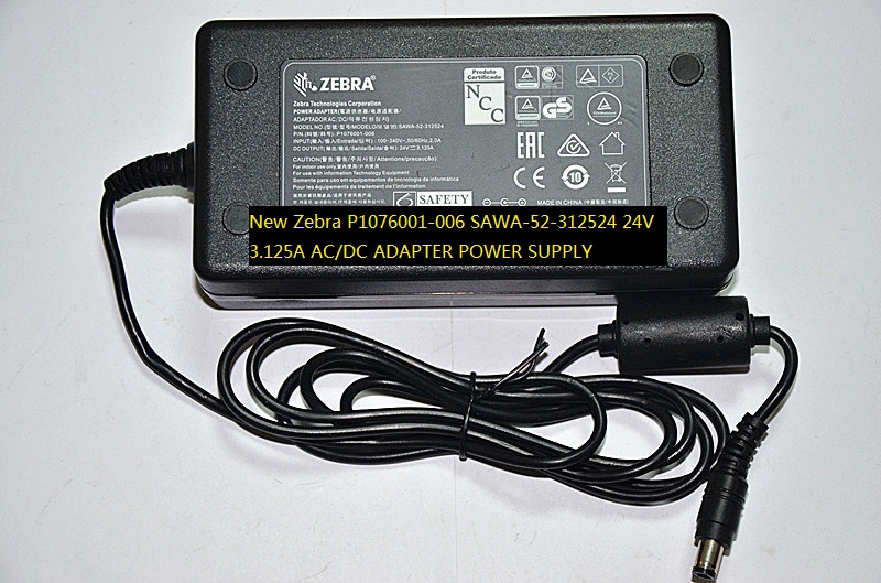 New Zebra P1076001-006 SAWA-52-312524 24V 3.125A AC/DC ADAPTER POWER SUPPLY